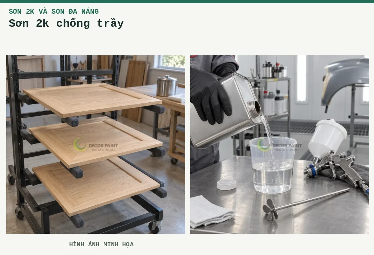 Sơn 2k chống trầy – Hình ảnh minh họa: Cánh tủ gỗ trên giá; Chuẩn bị dung môi 2K.