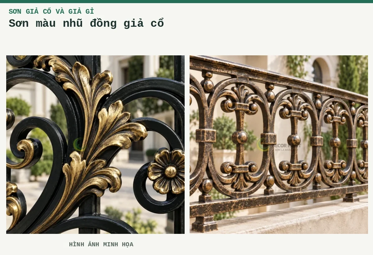 Sơn màu nhũ đồng giả cổ – Hình ảnh minh họa: Cận lá nổi đồng giả cổ; Ứng dụng giả cổ số 3.