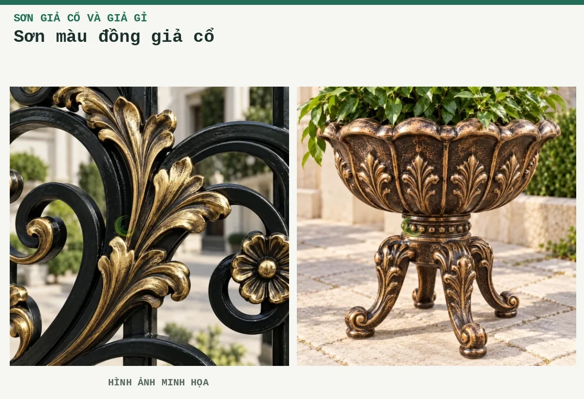Sơn màu đồng giả cổ – Hình ảnh minh họa: Cận lá nổi đồng giả cổ; Ứng dụng giả cổ số 5.
