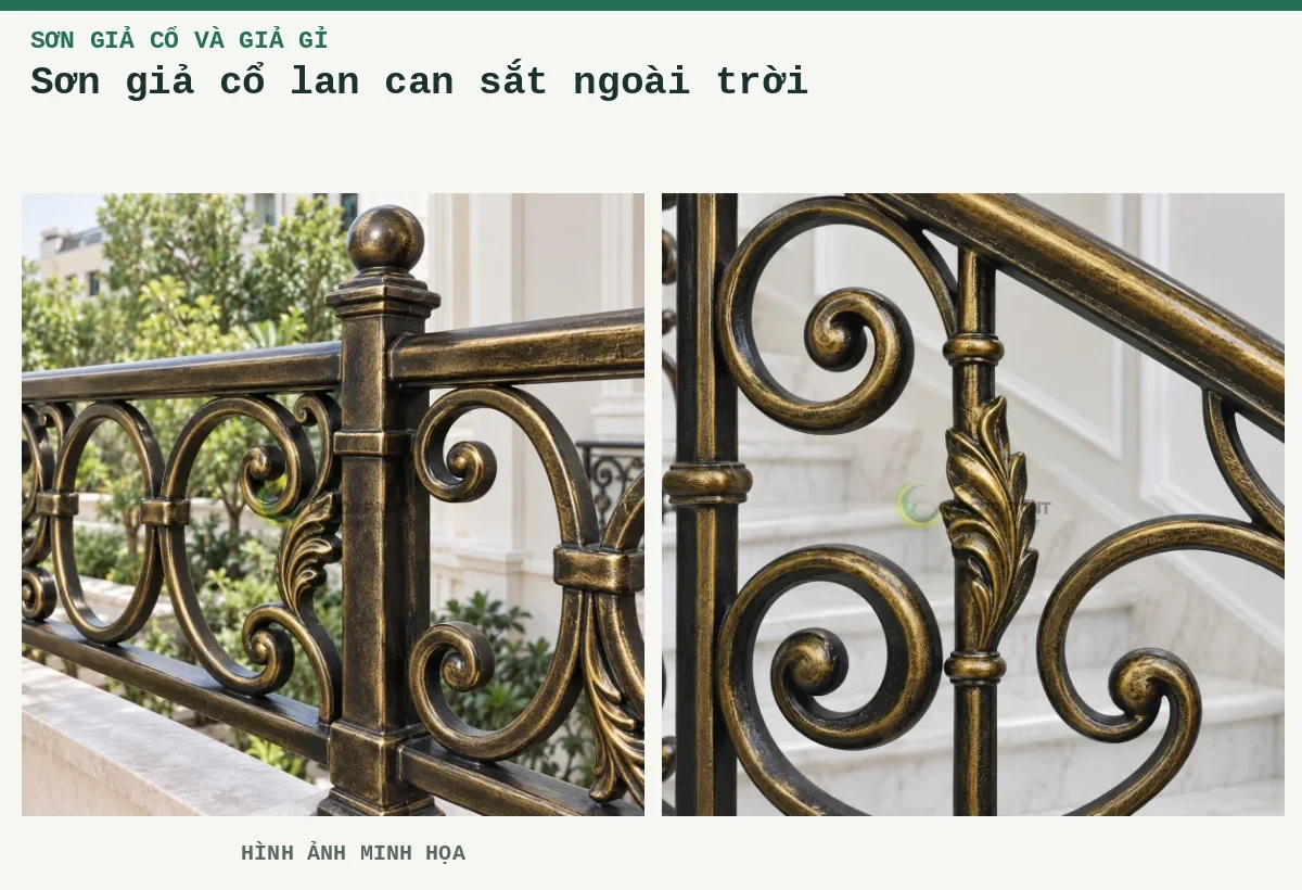 Sơn giả cổ lan can sắt ngoài trời – Hình ảnh minh họa: Lan can ban công giả cổ; Lan can cầu thang giả đồng cổ.