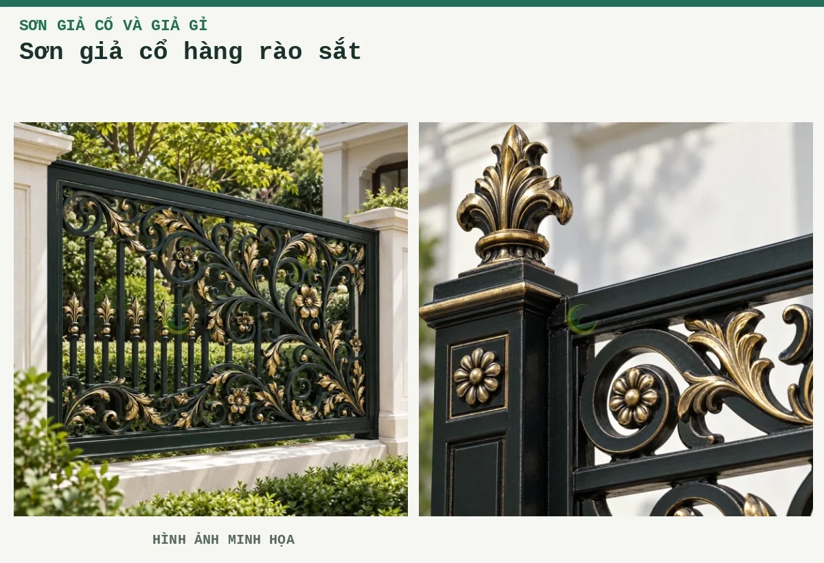 Sơn giả cổ hàng rào sắt – Hình ảnh minh họa: Hàng rào hoa văn dây leo; Chóp trụ hàng rào.