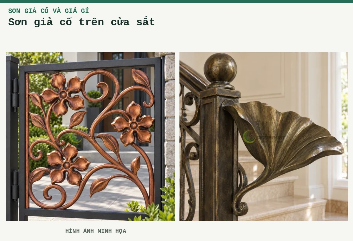 Sơn giả cổ trên cửa sắt – Hình ảnh minh họa: Tấm hoa sắt đồng đỏ giả cổ; Ứng dụng trang trí số 4.