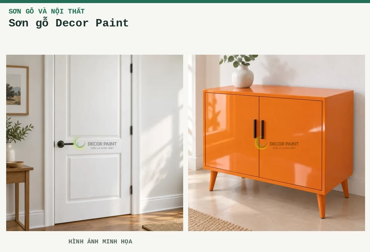 Sơn gỗ Decor Paint – Hình ảnh minh họa: Cửa gỗ sơn trắng; Tủ gỗ vàng cam RS004.