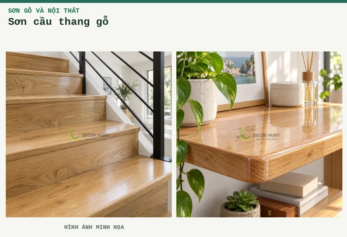 Sơn cầu thang gỗ – Hình ảnh minh họa: Bậc cầu thang gỗ sồi phủ trong suốt kết hợp lan can kim loại đen; Kệ gỗ phủ bóng trong.