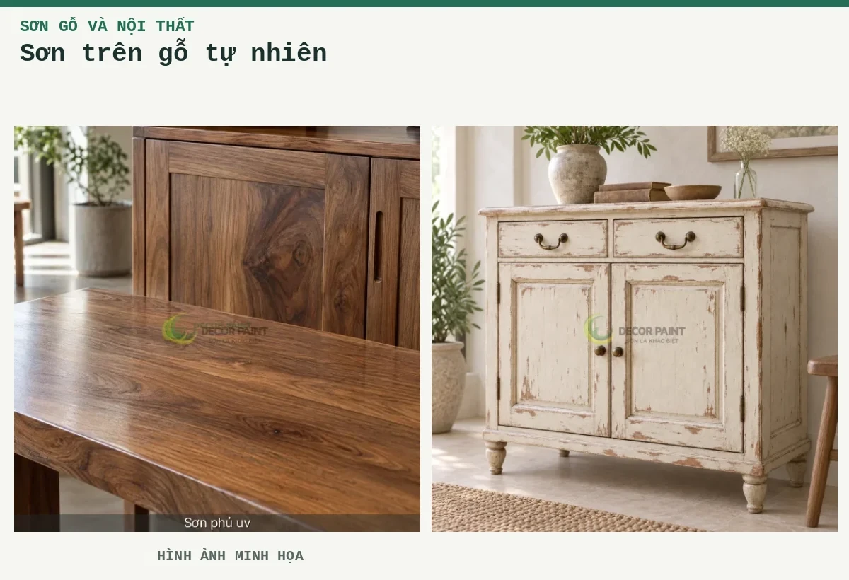 Sơn trên gỗ tự nhiên – Hình ảnh minh họa: Gỗ tự nhiên phủ bóng trong; Tủ gỗ sơn trắng ngà giả cổ, tạo vệt mài nâu tại cạnh và chi tiết trang trí.