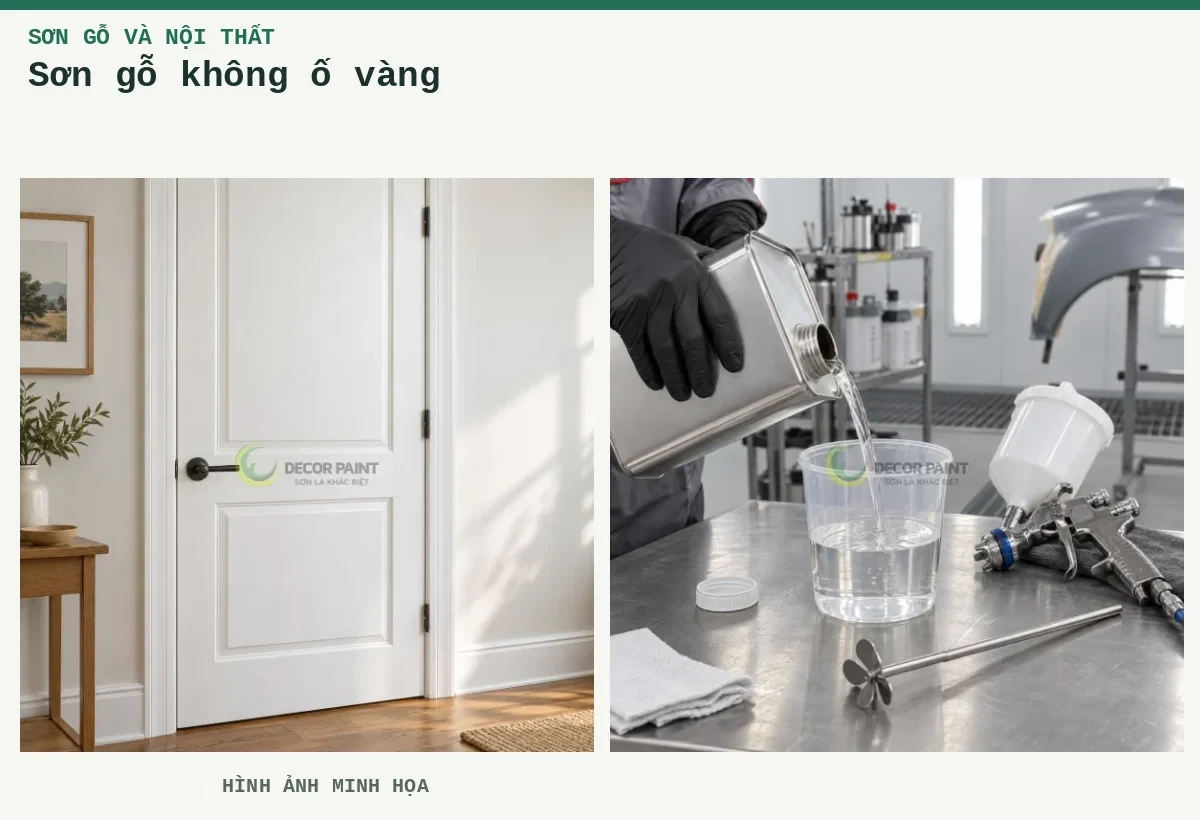 Sơn gỗ không ố vàng – Hình ảnh minh họa: Cửa gỗ sơn trắng; Chuẩn bị dung môi 2K.