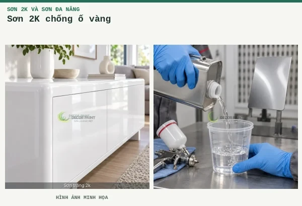 Sơn 2K chống ố vàng – Hình ảnh minh họa: Tủ thấp trắng bóng; Đong dung môi.