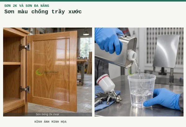 Sơn màu chống trầy xước – Hình ảnh minh họa: Cánh tủ gỗ phủ bóng trong, giữ rõ màu và vân gỗ dưới lớp hoàn thiện; Đong dung môi.