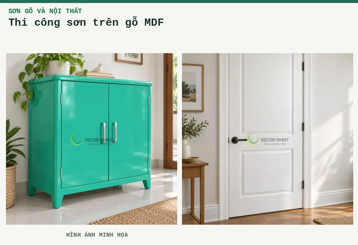 Thi công sơn trên gỗ MDF – Hình ảnh minh họa: Tủ gỗ phủ sơn xanh RS006; Cửa gỗ sơn trắng.