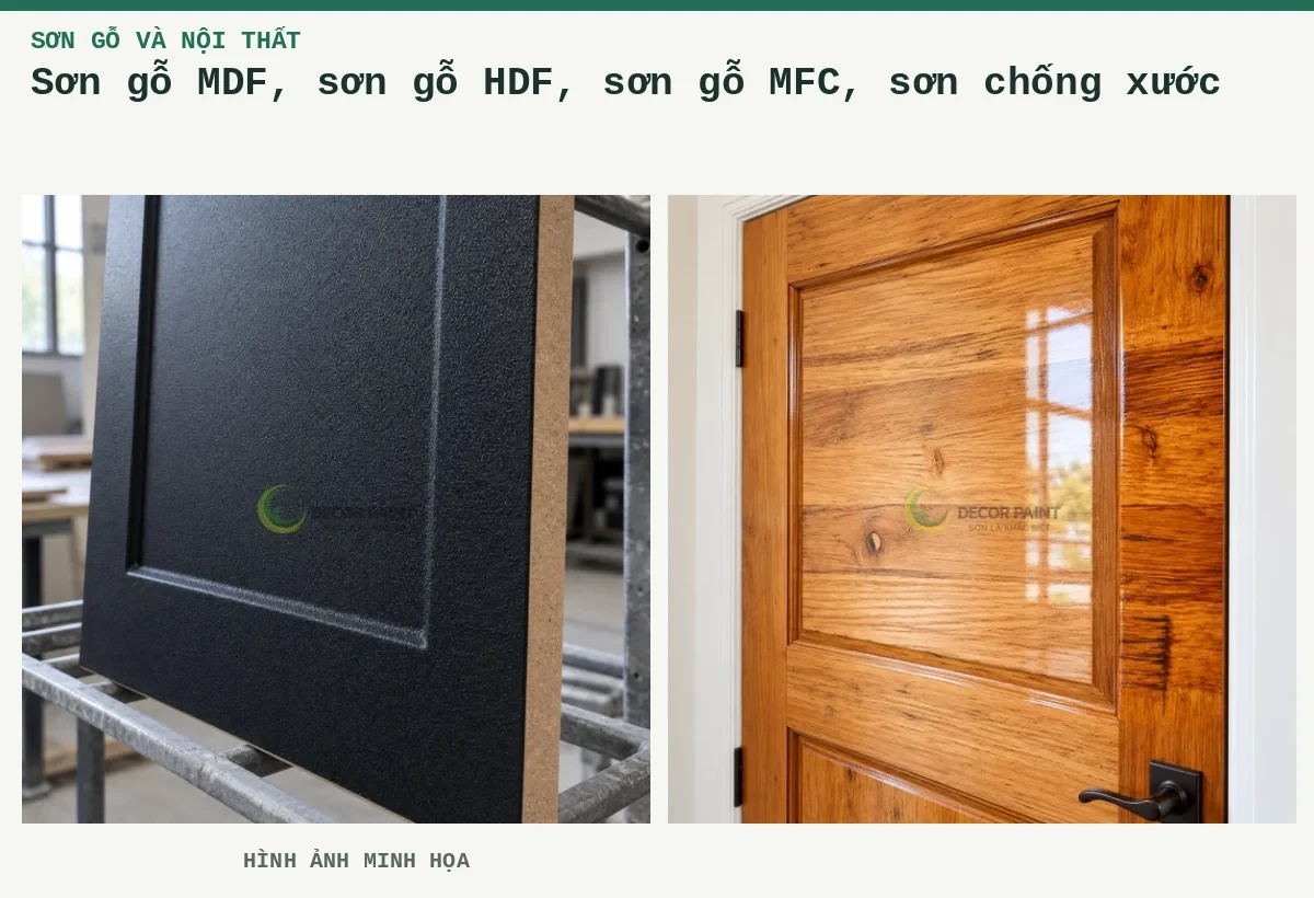 Sơn gỗ MDF, sơn gỗ HDF, sơn gỗ MFC,  sơn chống xước – Hình ảnh minh họa: Tấm HDF phủ nhám đen với cạnh cắt màu nâu thể hiện vật liệu nền; Cửa gỗ phủ bóng trong.