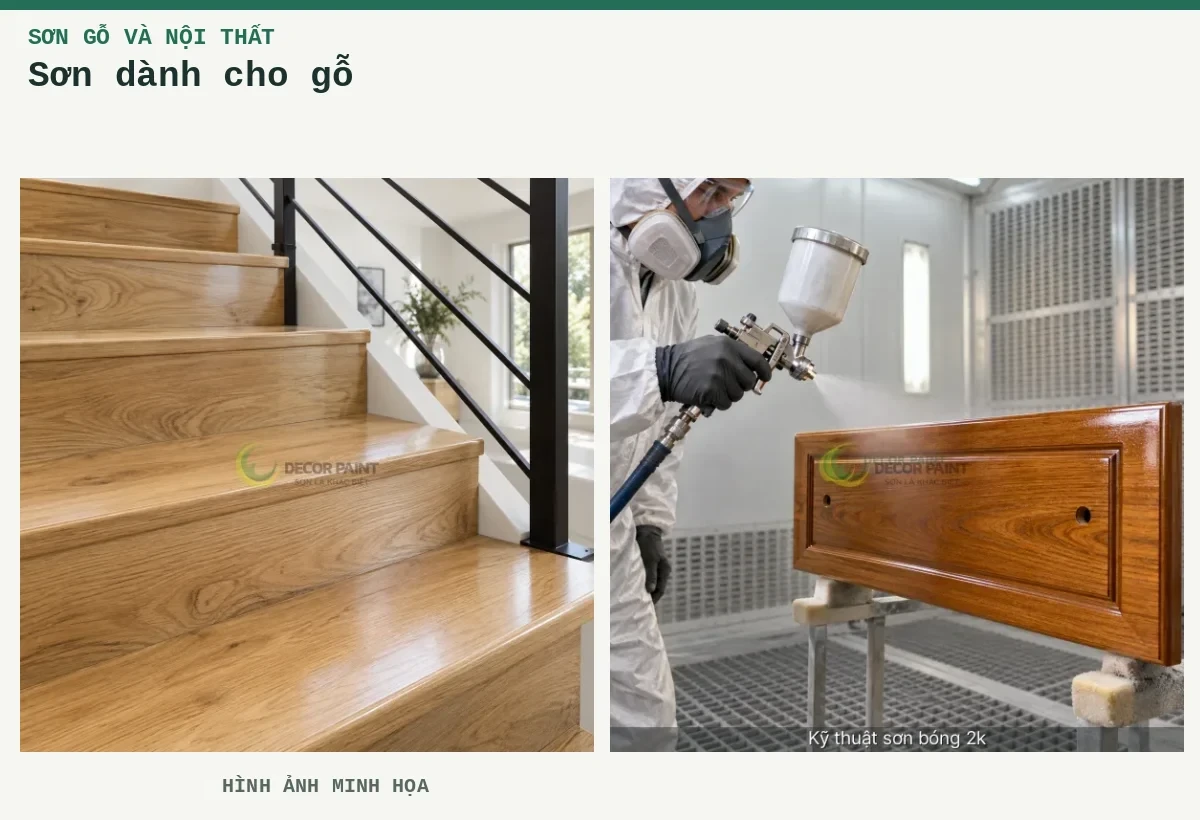 Sơn dành cho gỗ – Hình ảnh minh họa: Bậc cầu thang gỗ sồi phủ trong suốt kết hợp lan can kim loại đen; Phun lớp phủ bóng trong lên mặt ngăn kéo gỗ trong buồng sơn.
