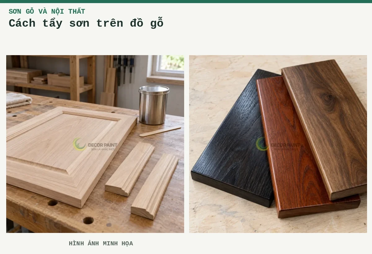 Cách tẩy sơn trên đồ gỗ – Hình ảnh minh họa: Chuẩn bị panel gỗ; Mẫu nhuộm gỗ đen, nâu đỏ và nâu óc chó.