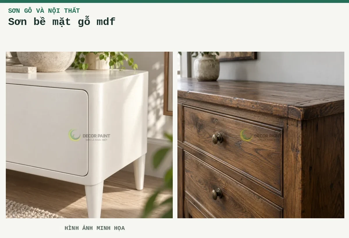 Sơn bề mặt gỗ mdf – Hình ảnh minh họa: Tủ gỗ hoàn thiện nhũ trắng; Bề mặt tủ gỗ tự nhiên hoàn thiện nâu giả cổ, giữ rõ vân gỗ và tạo hiệu ứng cũ tại cạnh.