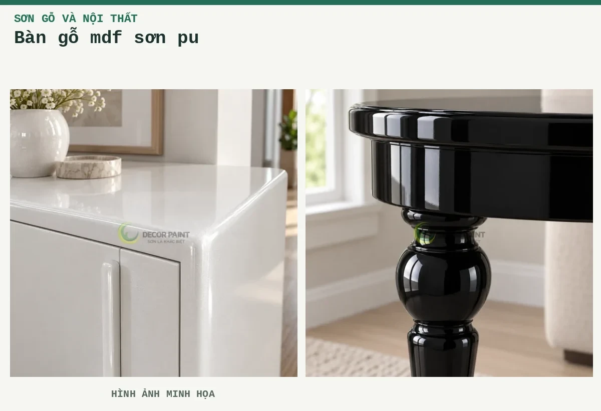 Bàn gỗ mdf sơn pu – Hình ảnh minh họa: Tủ gỗ nhũ trắng ngọc trai; Chân bàn gỗ.