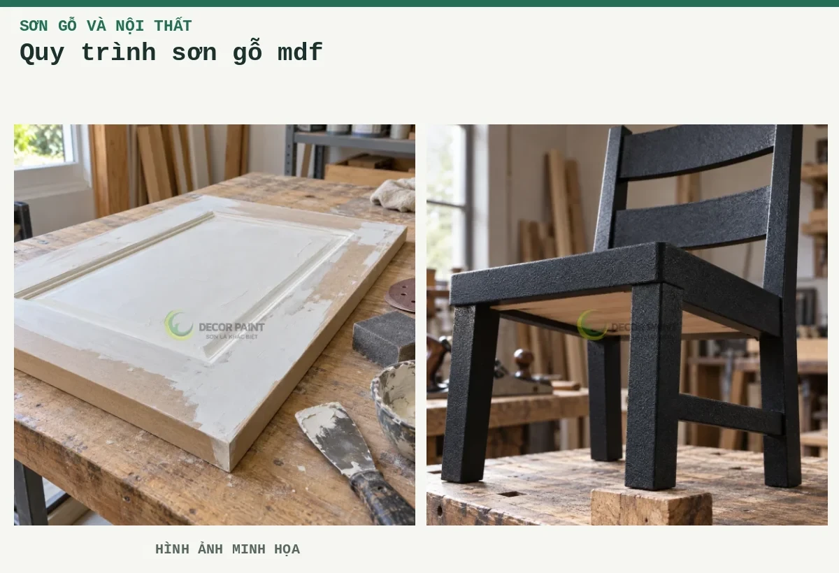 Quy trình sơn gỗ mdf – Hình ảnh minh họa: Chuẩn bị cánh gỗ với bột trám trắng; Ghế gỗ sơn nhám đen, phần dưới giữ lộ vật liệu gỗ để đối chiếu.