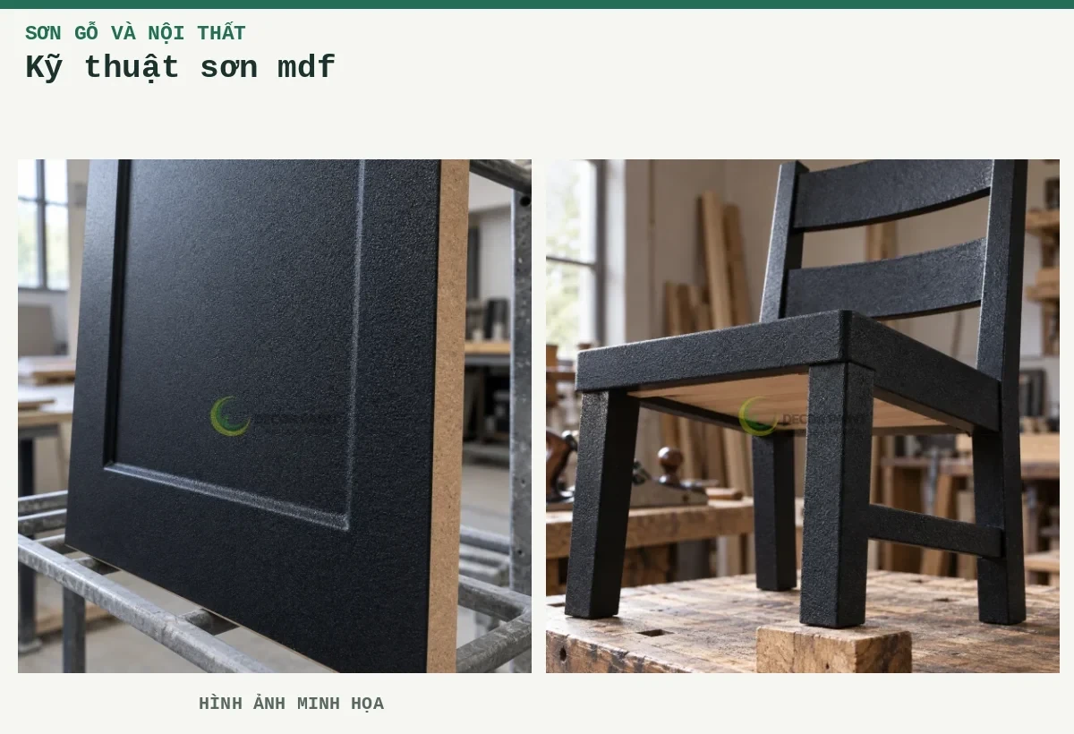 Kỹ thuật sơn mdf – Hình ảnh minh họa: Tấm HDF phủ nhám đen với cạnh cắt màu nâu thể hiện vật liệu nền; Ghế gỗ sơn nhám đen, phần dưới giữ lộ vật liệu gỗ để đối chiếu.