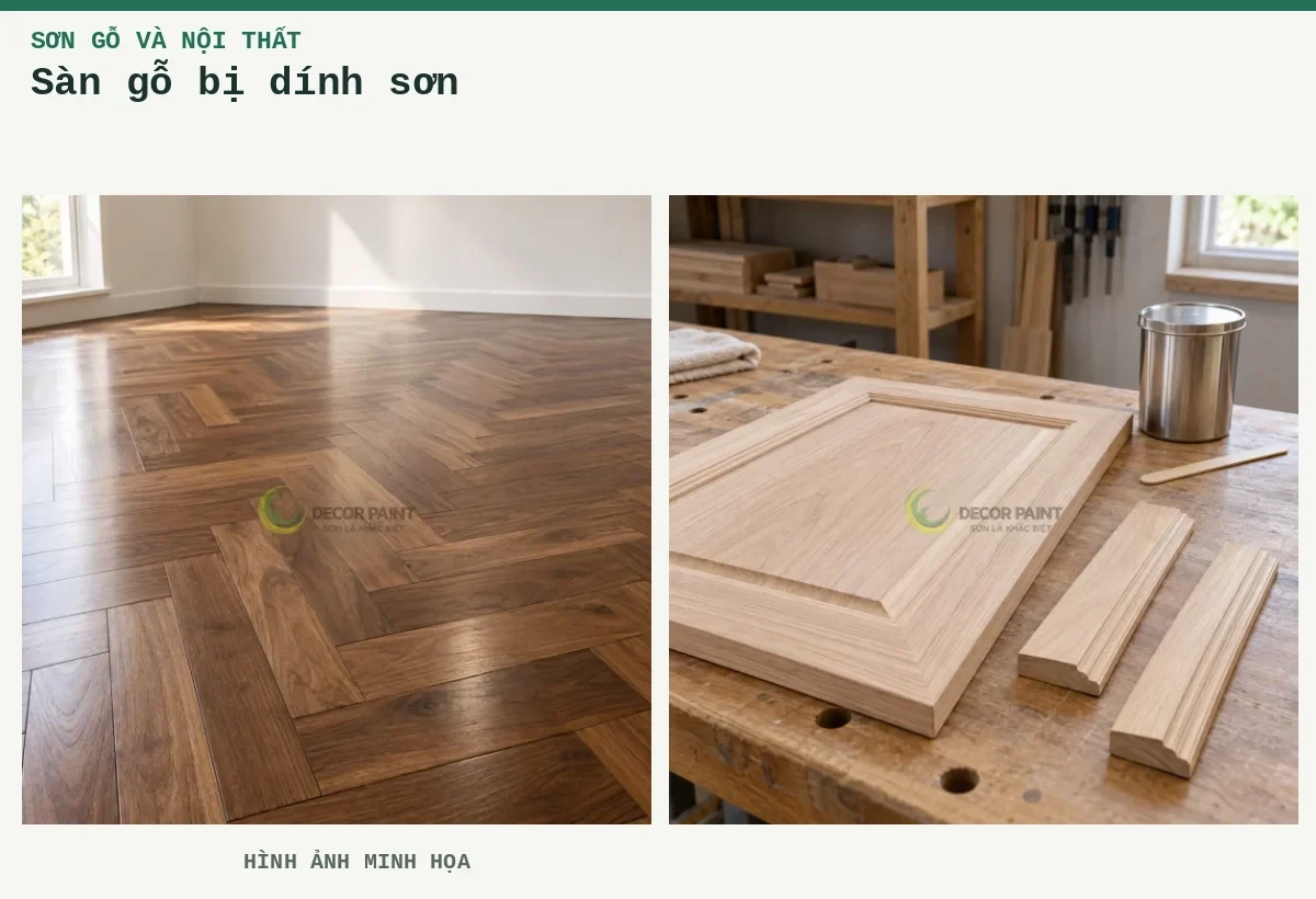 Sàn gỗ bị dính sơn – Hình ảnh minh họa: Sàn gỗ tự nhiên phủ trong; Chuẩn bị panel gỗ.