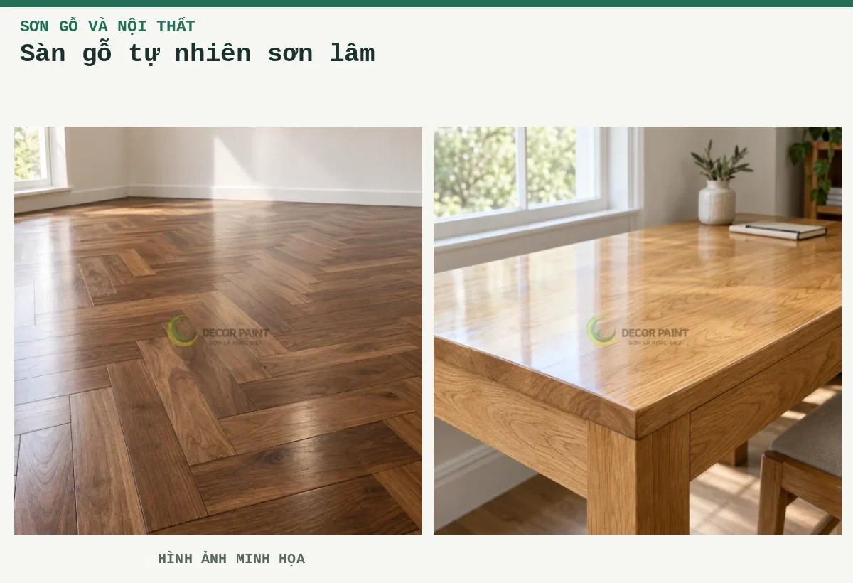 Sàn gỗ tự nhiên sơn lâm – Hình ảnh minh họa: Sàn gỗ tự nhiên phủ trong; Bàn gỗ sồi phủ trong suốt, làm rõ vân gỗ dưới ánh sáng tự nhiên.
