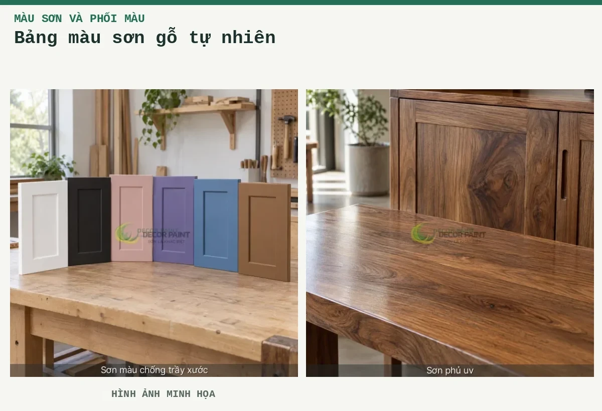 Bảng màu sơn gỗ tự nhiên – Hình ảnh minh họa: Các mẫu sơn màu trên cánh tủ gỗ; Gỗ tự nhiên phủ bóng trong.