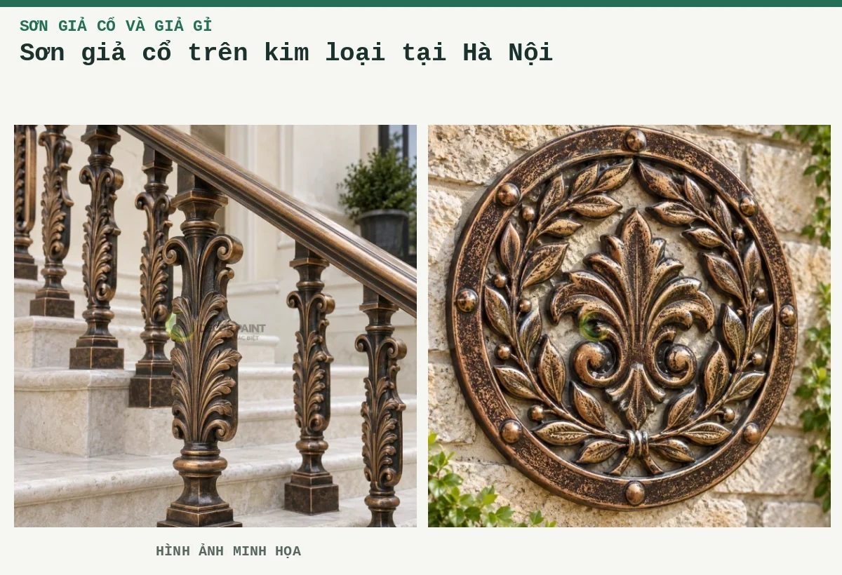 Sơn giả cổ trên kim loại tại Hà Nội – Hình ảnh minh họa: Lan can kim loại đúc hoàn thiện sơn giả cổ với sắc đồng ấm và họa tiết lá nổi; Ứng dụng giả cổ số 1.