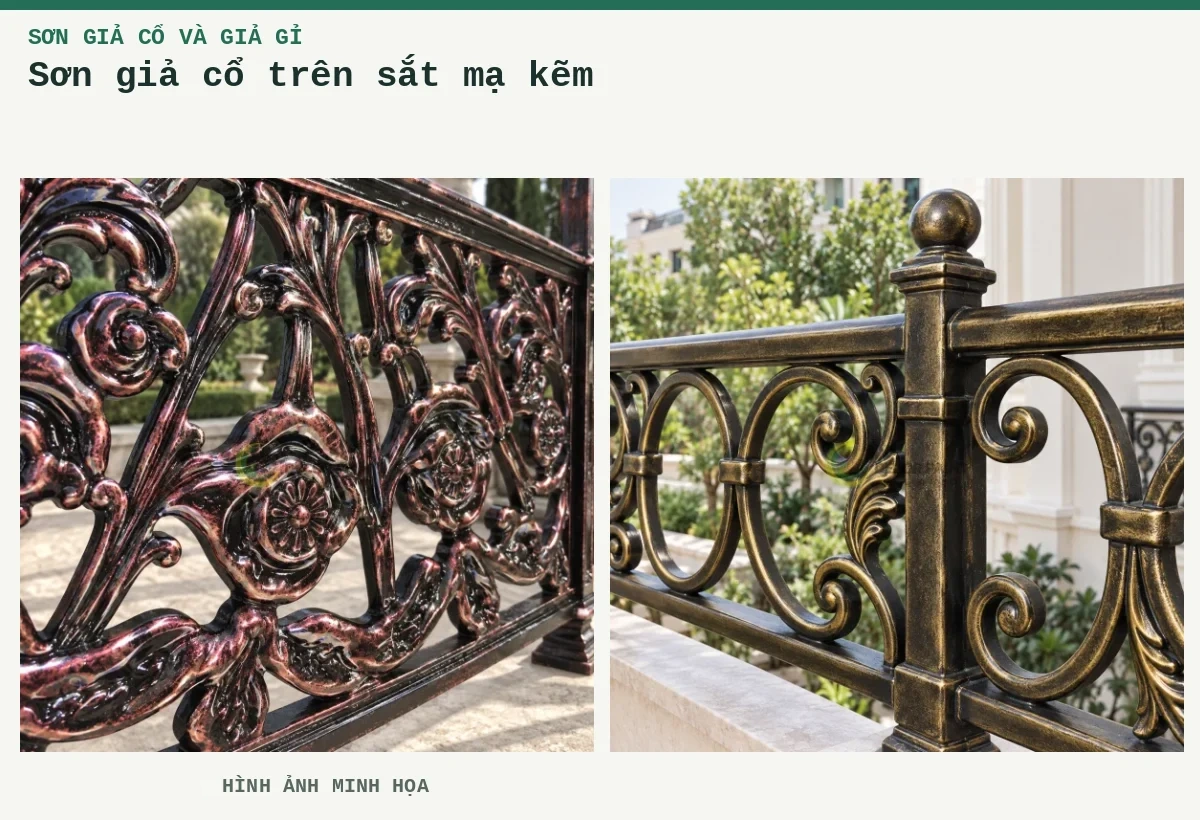 Sơn giả cổ trên sắt mạ kẽm – Hình ảnh minh họa: Khung sắt giả cổ; Lan can ban công giả cổ.