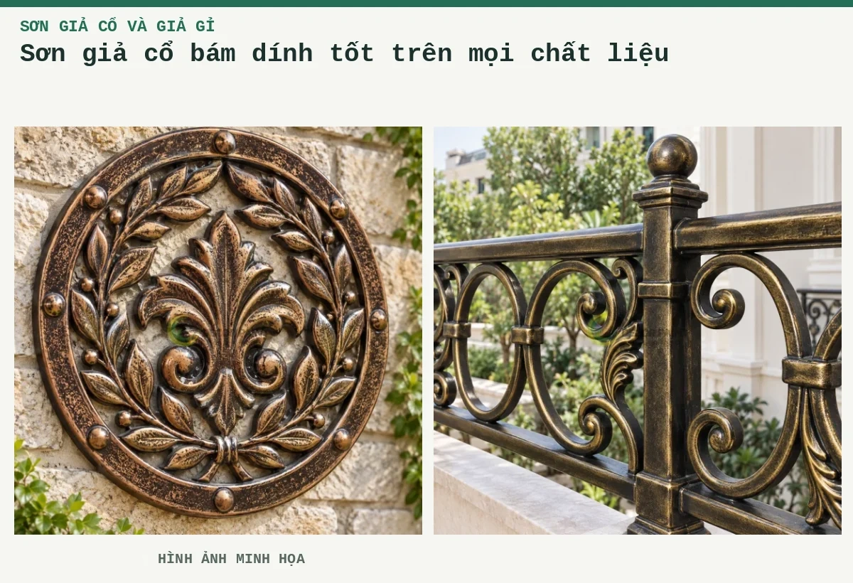 Sơn giả cổ bám dính tốt trên mọi chất liệu – Hình ảnh minh họa: Ứng dụng giả cổ số 1; Lan can ban công giả cổ.