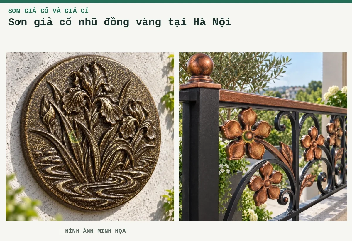 Sơn giả cổ nhũ đồng vàng tại Hà Nội – Hình ảnh minh họa: Phù điêu giả cổ đen ánh vàng; Lan can hoa đồng đỏ giả cổ.