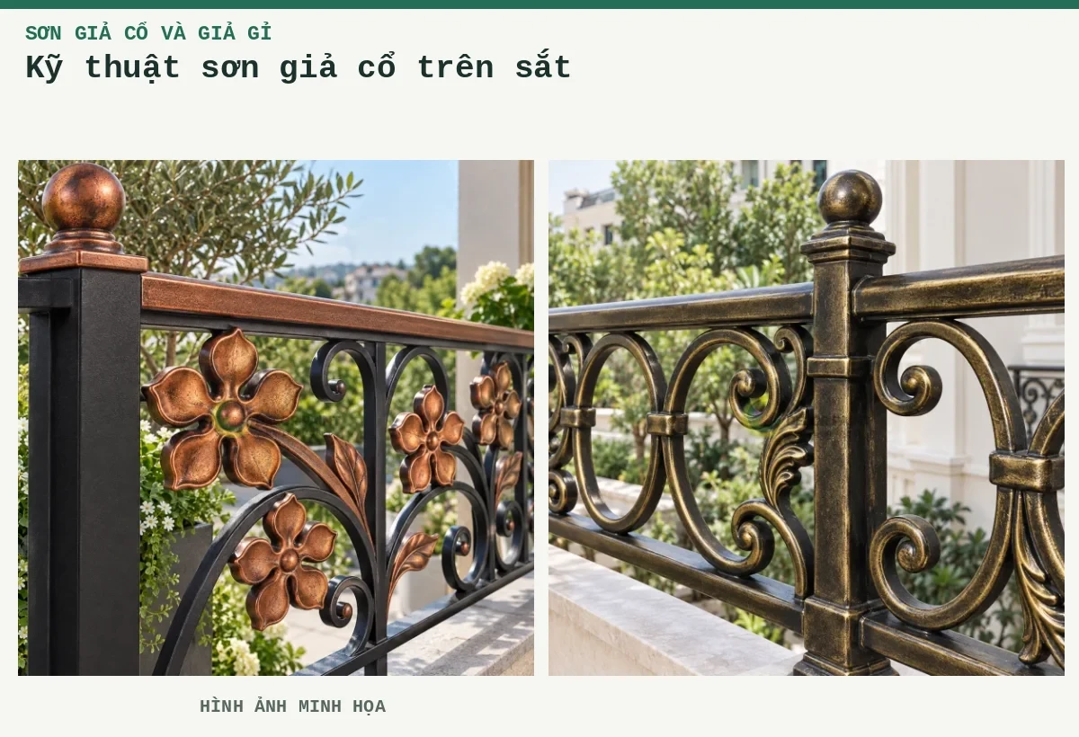 Kỹ thuật sơn giả cổ trên sắt – Hình ảnh minh họa: Lan can hoa đồng đỏ giả cổ; Lan can ban công giả cổ.