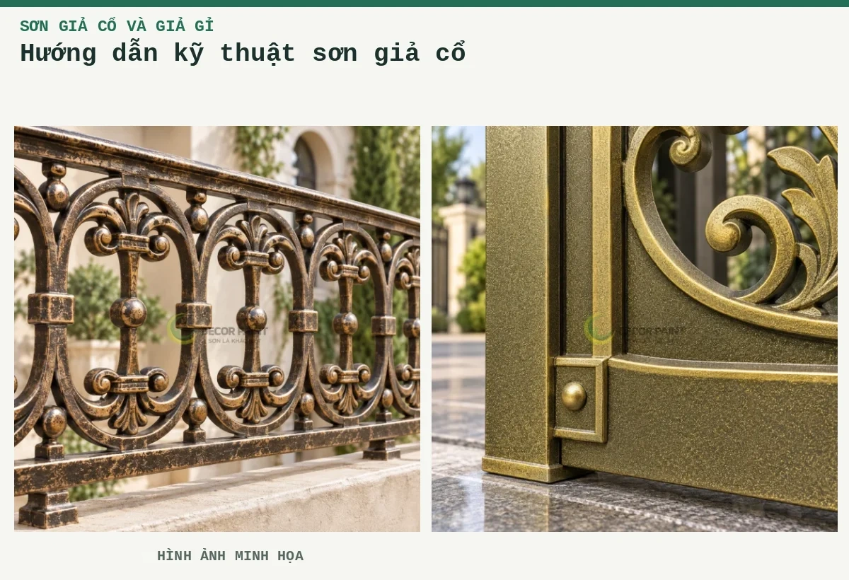 Hướng dẫn kỹ thuật sơn giả cổ – Hình ảnh minh họa: Ứng dụng giả cổ số 3; Cận khung giả cổ.