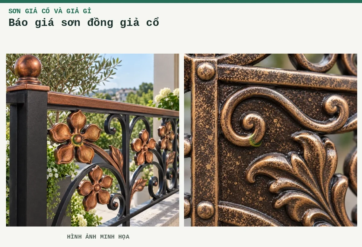 Báo giá sơn đồng giả cổ – Hình ảnh minh họa: Lan can hoa đồng đỏ giả cổ; Chi tiết giả cổ số 2.