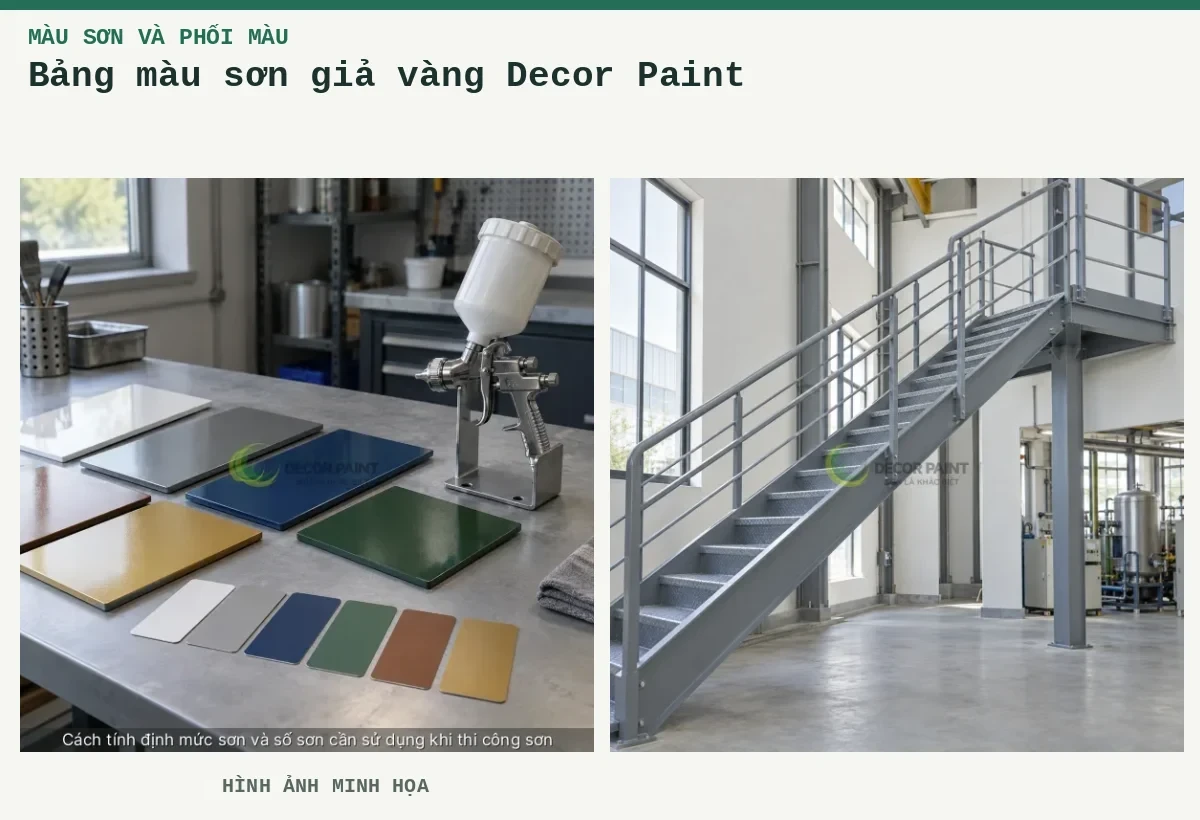 Bảng màu sơn giả vàng Decor Paint – Hình ảnh minh họa: Mẫu màu và dụng cụ phun sơn; Cầu thang và sàn nghỉ bằng thép hoàn thiện màu xám trong nhà xưởng.