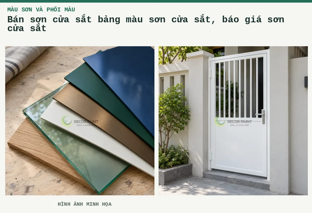 Bán sơn cửa sắt bảng màu sơn cửa sắt, báo giá sơn cửa sắt – Hình ảnh minh họa: Minh họa các mẫu hoàn thiện trên kim loại, kính và gỗ với nhiều màu sắc; Cửa sắt hoàn thiện màu trắng tại lối vào nhà.