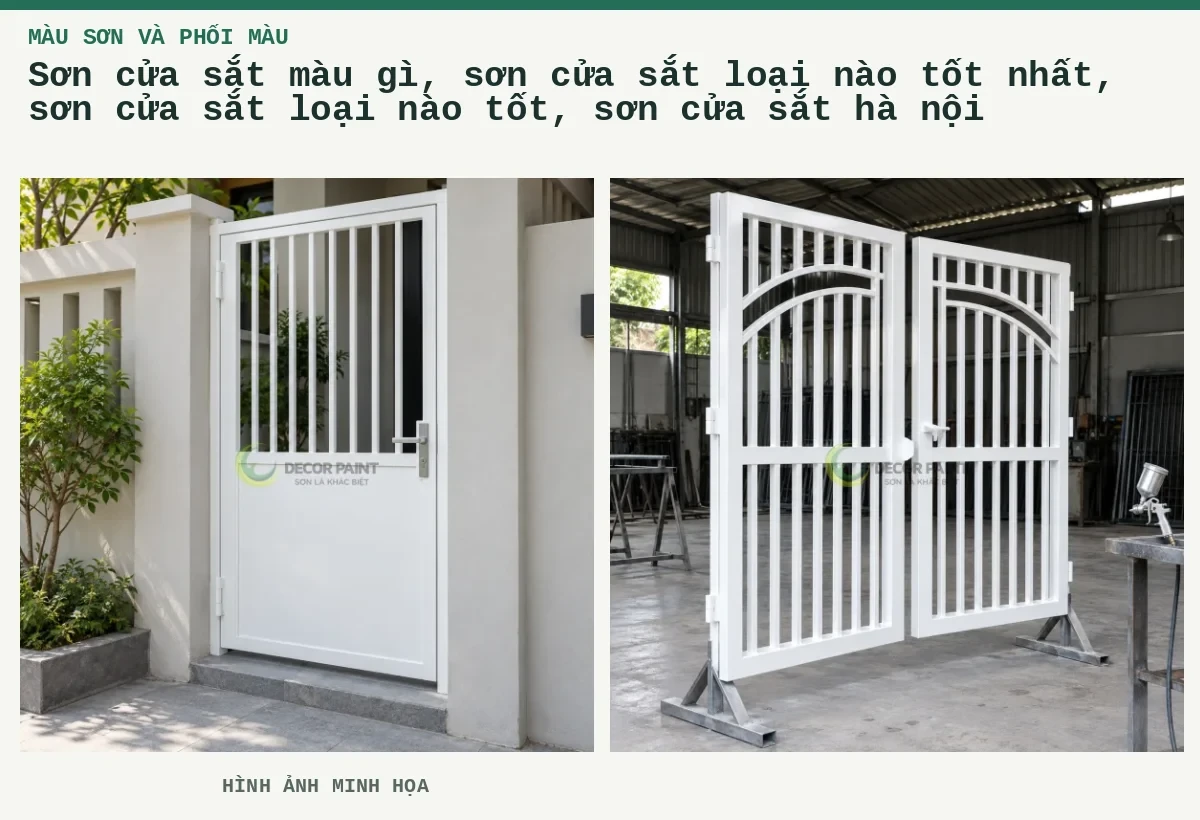 Sơn cửa sắt màu gì, sơn cửa sắt loại nào tốt nhất, sơn cửa sắt loại nào tốt, sơn cửa sắt hà nội – Hình ảnh minh họa: Cửa sắt hoàn thiện màu trắng tại lối vào nhà; Hai cánh cửa sắt hoàn thiện màu trắng trên giá đỡ tại xưởng.