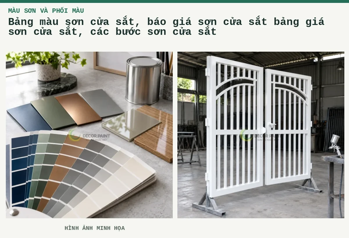 Bảng màu sơn cửa sắt, báo giá sơn cửa sắt bảng giá sơn cửa sắt, các bước sơn cửa sắt – Hình ảnh minh họa: Minh họa lựa chọn màu và hệ sơn theo mẫu kim loại, kính và gỗ; Hai cánh cửa sắt hoàn thiện màu trắng trên giá đỡ tại xưởng.