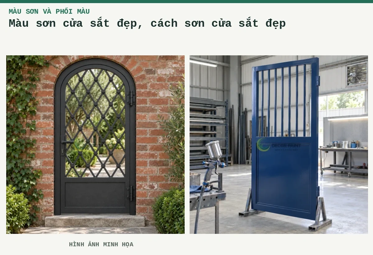 Màu sơn cửa sắt đẹp, cách sơn cửa sắt đẹp – Hình ảnh minh họa: Cửa sắt một cánh vòm với hoa văn hình thoi, hoàn thiện màu đen nhám trên nền tường gạch; Minh họa cửa sắt hoàn thiện màu xanh đậm trên giá đỡ trong xưởng.