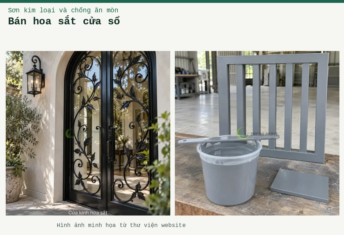 Bán hoa sắt cửa sổ – Ảnh minh họa: Minh họa sơn màu ghi và mẫu cửa sắt cùng màu hoàn thiện; Minh họa cửa kính hoa sắt bằng cửa khung sắt sơn màu đen bóng kết hợp kính.