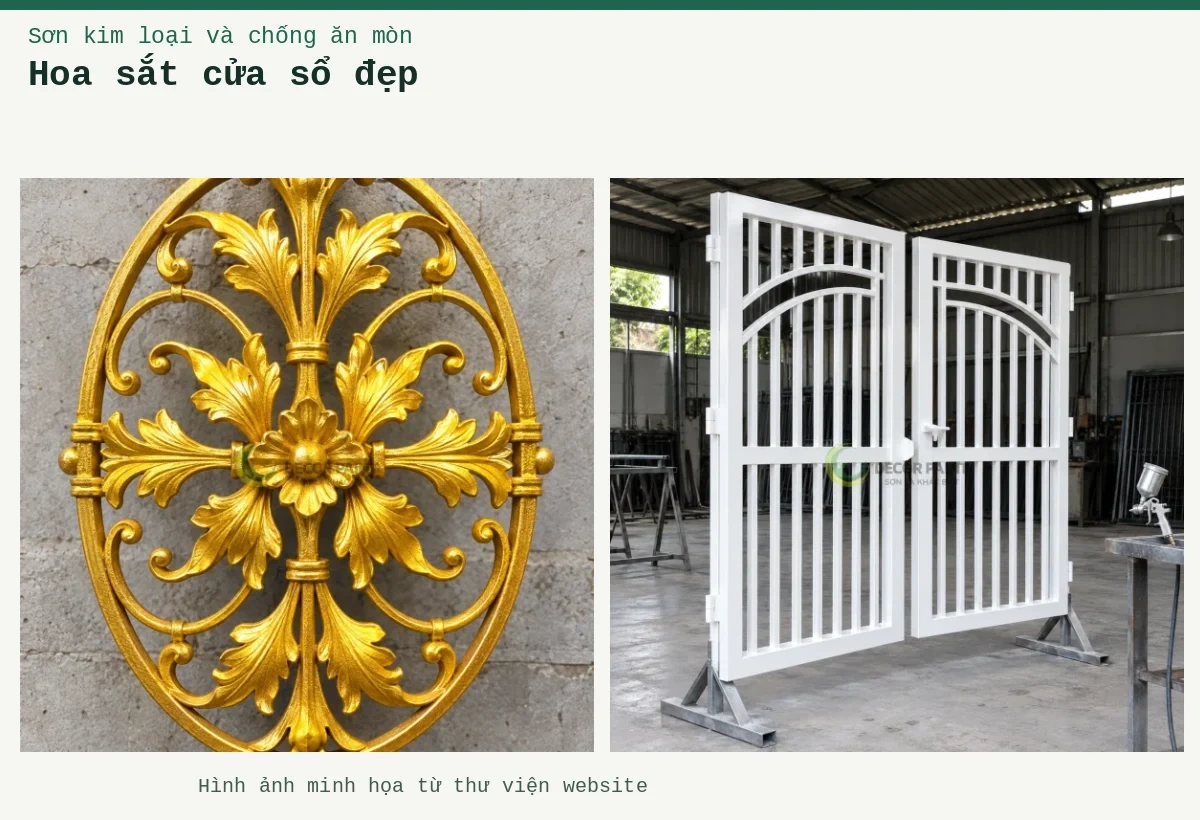 Hoa sắt cửa sổ đẹp – Ảnh minh họa: Ô cửa hoa sắt; Hai cánh cửa sắt hoàn thiện màu trắng trên giá đỡ tại xưởng.