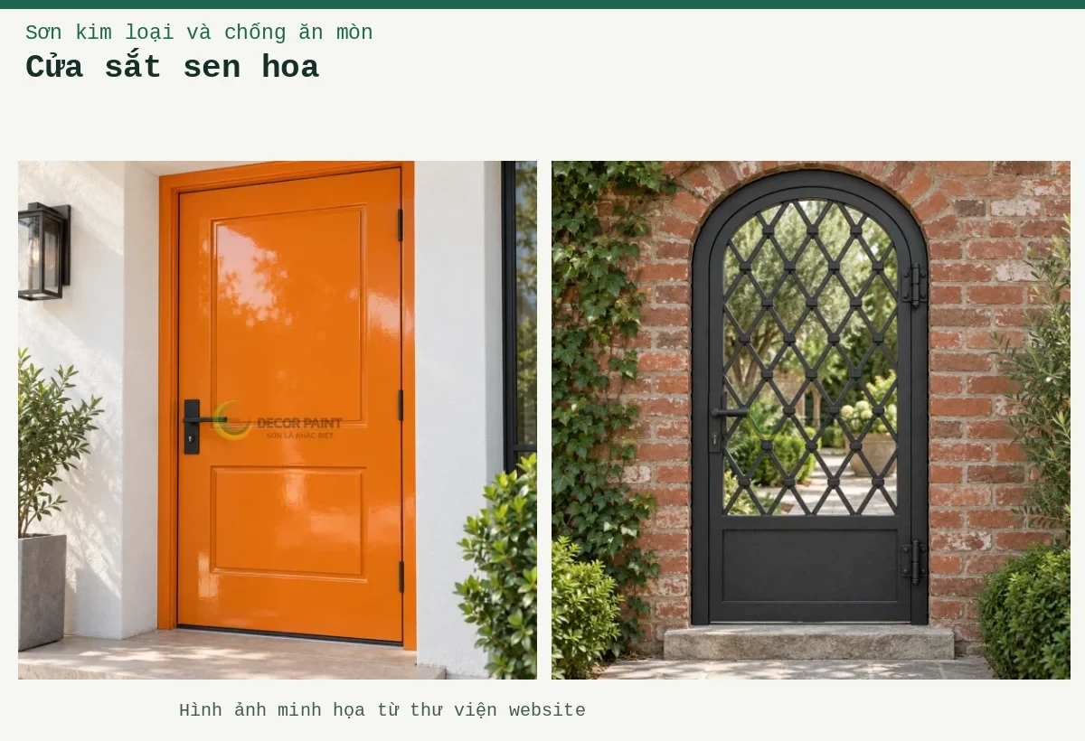 Cửa sắt sen hoa – Ảnh minh họa: Cửa sắt một cánh vòm với hoa văn hình thoi, hoàn thiện màu đen nhám trên nền tường gạch; Cửa thép vàng cam RS004.