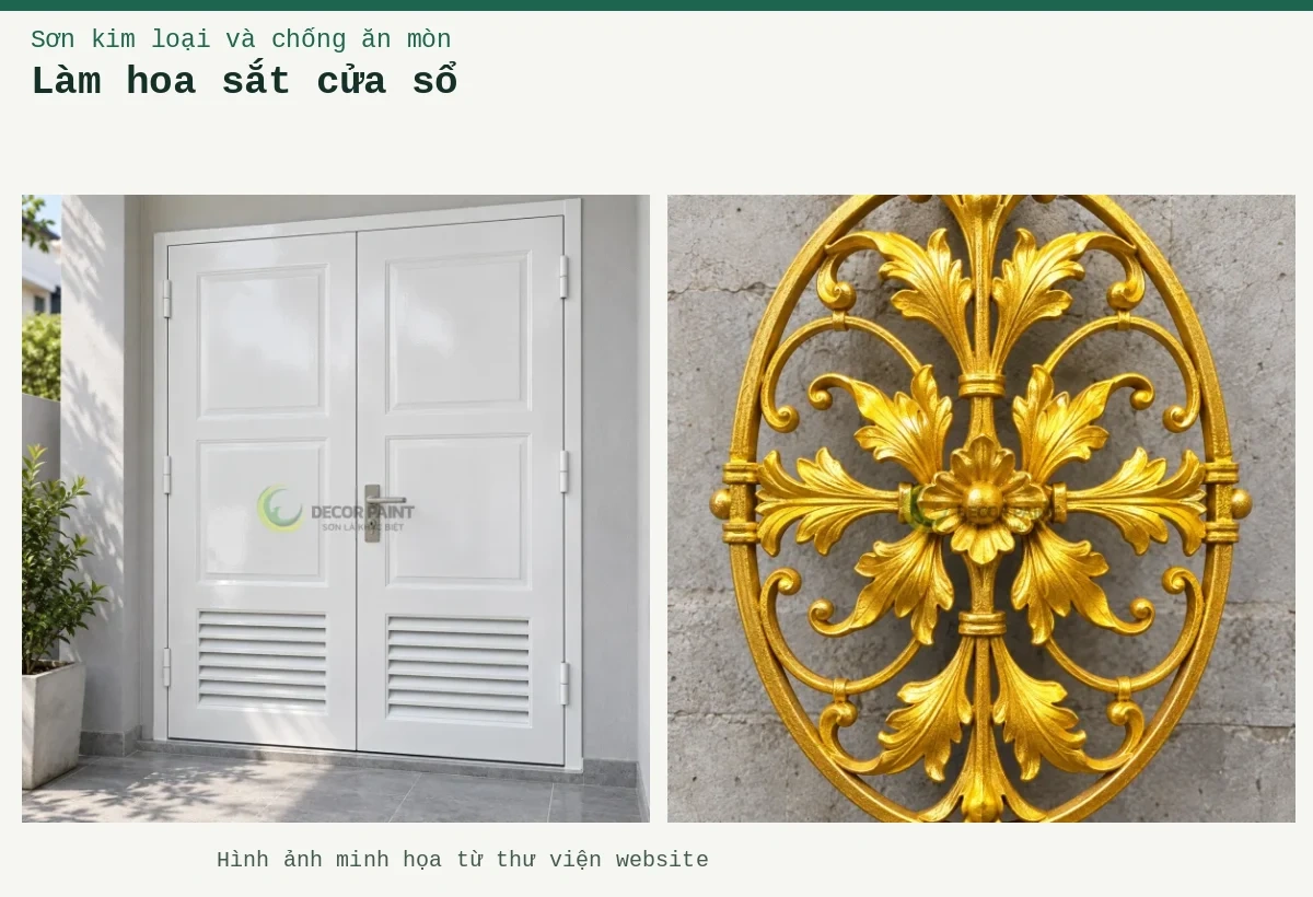 Làm hoa sắt cửa sổ – Ảnh minh họa: Ô cửa hoa sắt; Cửa sắt hai cánh sơn trắng bóng, pano phía trên và lam thông gió phía dưới.