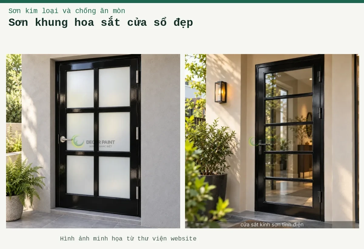Sơn khung hoa sắt cửa sổ đẹp – Ảnh minh họa: Minh họa cửa sắt kính sơn tĩnh điện bằng cửa khung sắt sơn màu đen bóng kết hợp kính; Cửa khung sắt sơn đen bóng một cánh, chia sáu ô kính mờ.