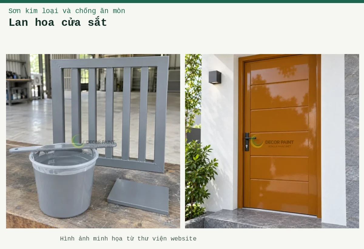 Lan hoa cửa sắt – Ảnh minh họa: Minh họa sơn màu ghi và mẫu cửa sắt cùng màu hoàn thiện; Cửa thép nâu da bò RS002.