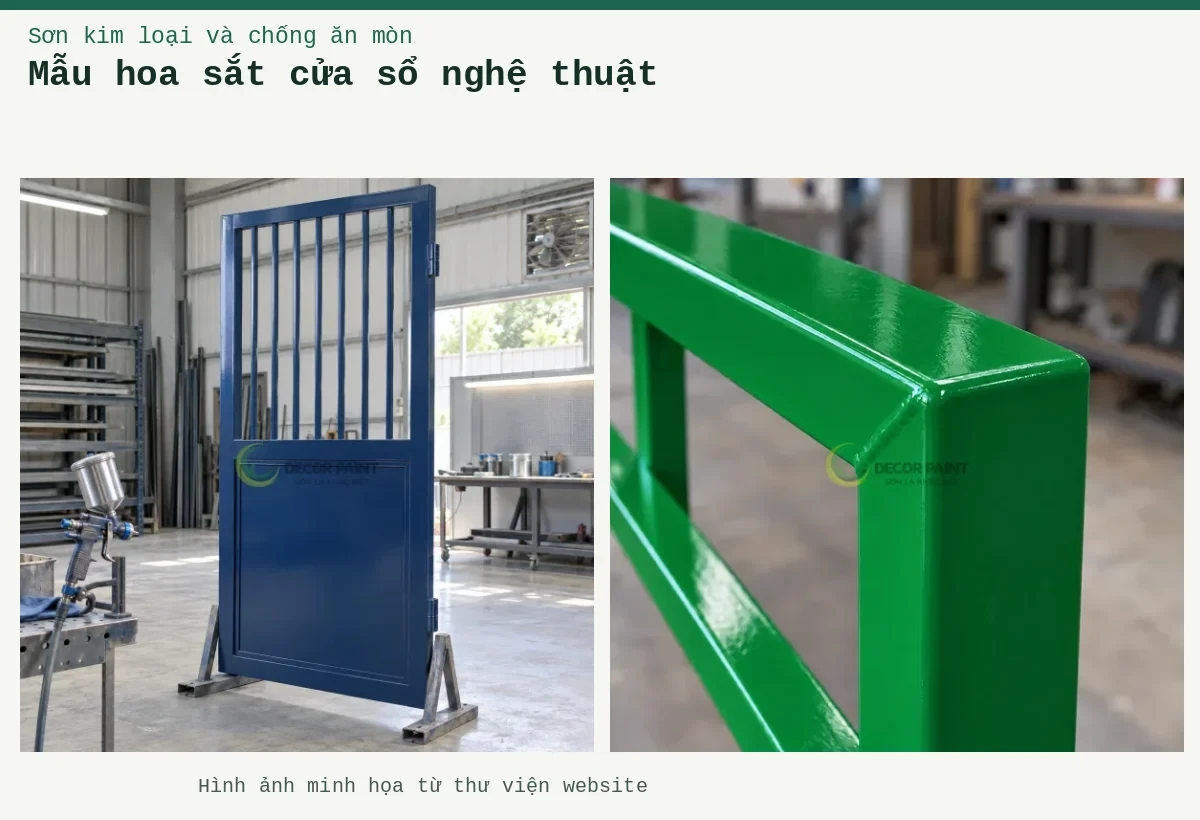 Mẫu hoa sắt cửa sổ nghệ thuật – Ảnh minh họa: Minh họa cửa sắt hoàn thiện màu xanh đậm trên giá đỡ trong xưởng; Chi tiết góc hàn của khung sắt hộp được phủ sơn xanh lá bóng.