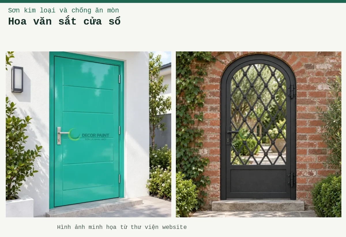 Hoa văn sắt cửa sổ – Ảnh minh họa: Cửa sắt một cánh vòm với hoa văn hình thoi, hoàn thiện màu đen nhám trên nền tường gạch; Cửa thép xanh RS006.