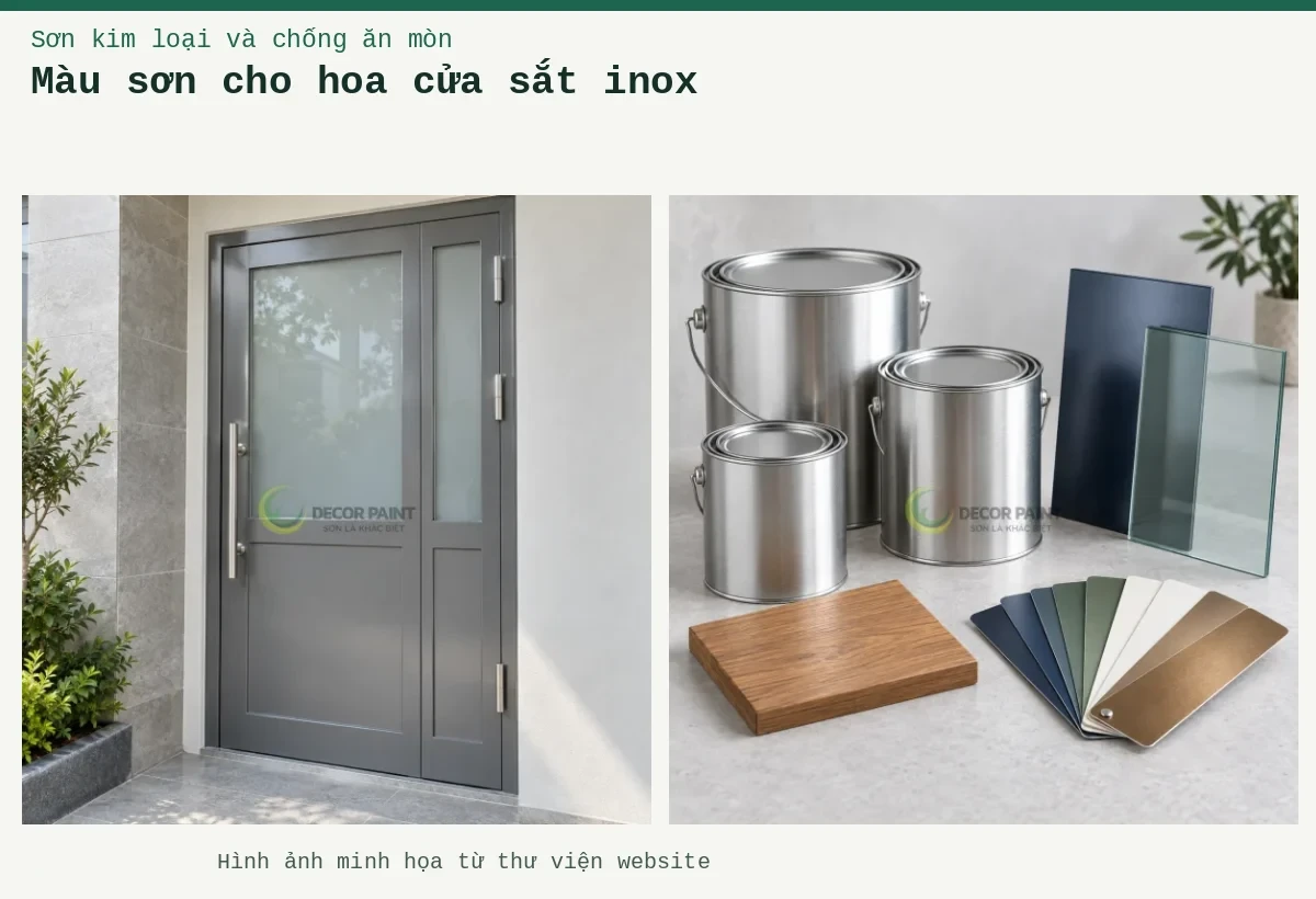 Màu sơn cho hoa cửa sắt inox – Ảnh minh họa: Cửa khung inox phủ màu xám với ô kính mờ; Minh họa bộ mẫu vật liệu, bảng màu và dụng cụ chứa sơn trong khu vực giới thiệu giải pháp hoàn thiện.