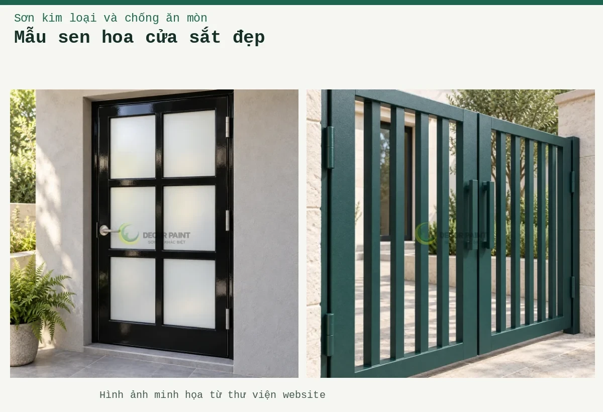 Mẫu sen hoa cửa sắt đẹp – Ảnh minh họa: Cửa cổng sắt hộp; Cửa khung sắt sơn đen bóng một cánh, chia sáu ô kính mờ.