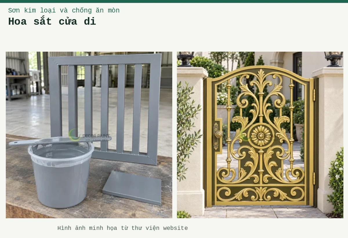 Hoa sắt cửa di – Ảnh minh họa: Cửa đi bộ gang đúc; Minh họa sơn màu ghi và mẫu cửa sắt cùng màu hoàn thiện.