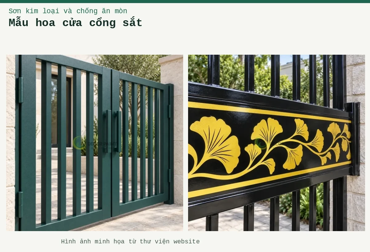 Mẫu hoa cửa cổng sắt – Ảnh minh họa: Cửa cổng sắt hộp; Cổng sắt họa tiết bạch quả vàng chanh.