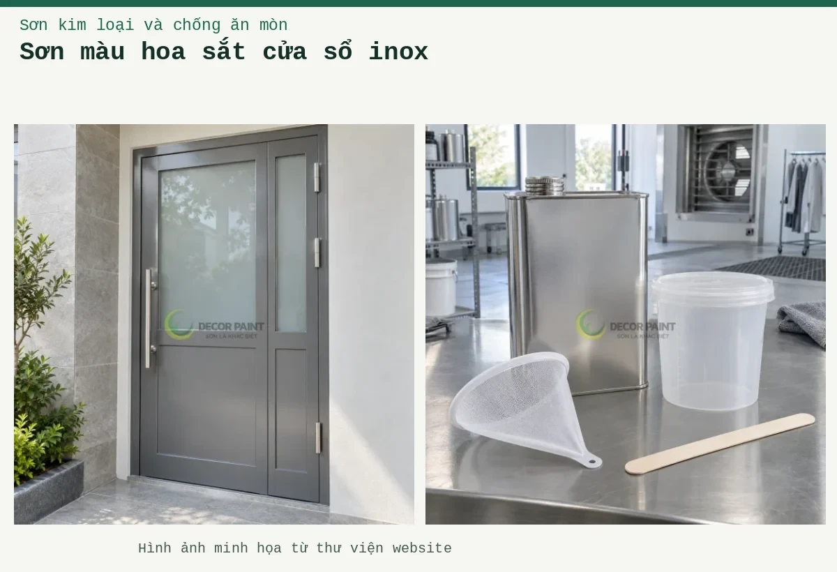 Sơn màu hoa sắt cửa sổ inox – Ảnh minh họa: Cửa khung inox phủ màu xám với ô kính mờ; Minh họa dung môi đóng kín, cốc pha, lưới lọc và que khuấy tại khu vực chuẩn bị sơn.