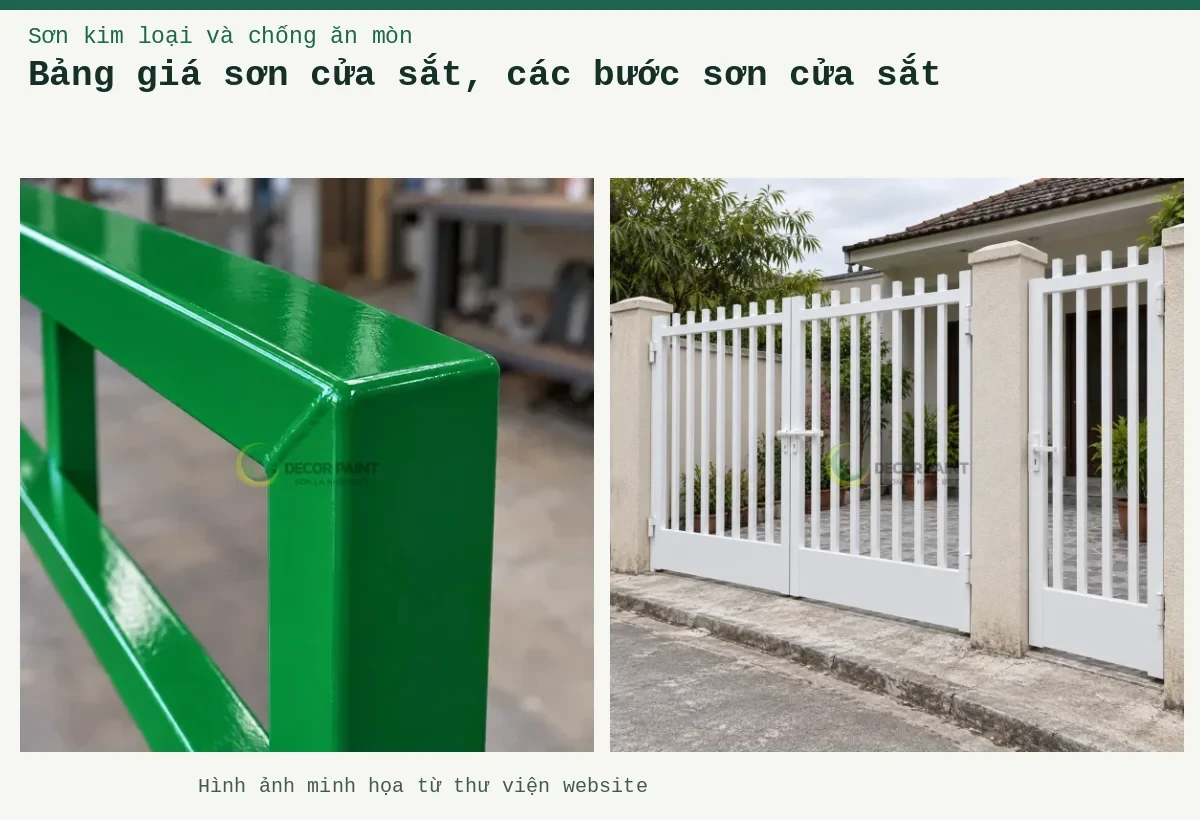 Bảng giá sơn cửa sắt, các bước sơn cửa sắt – Ảnh minh họa: Cổng sắt sơn trắng với hai cánh chính và cửa đi phụ, các thanh đứng đầu bằng; Chi tiết góc hàn của khung sắt hộp được phủ sơn xanh lá bóng.