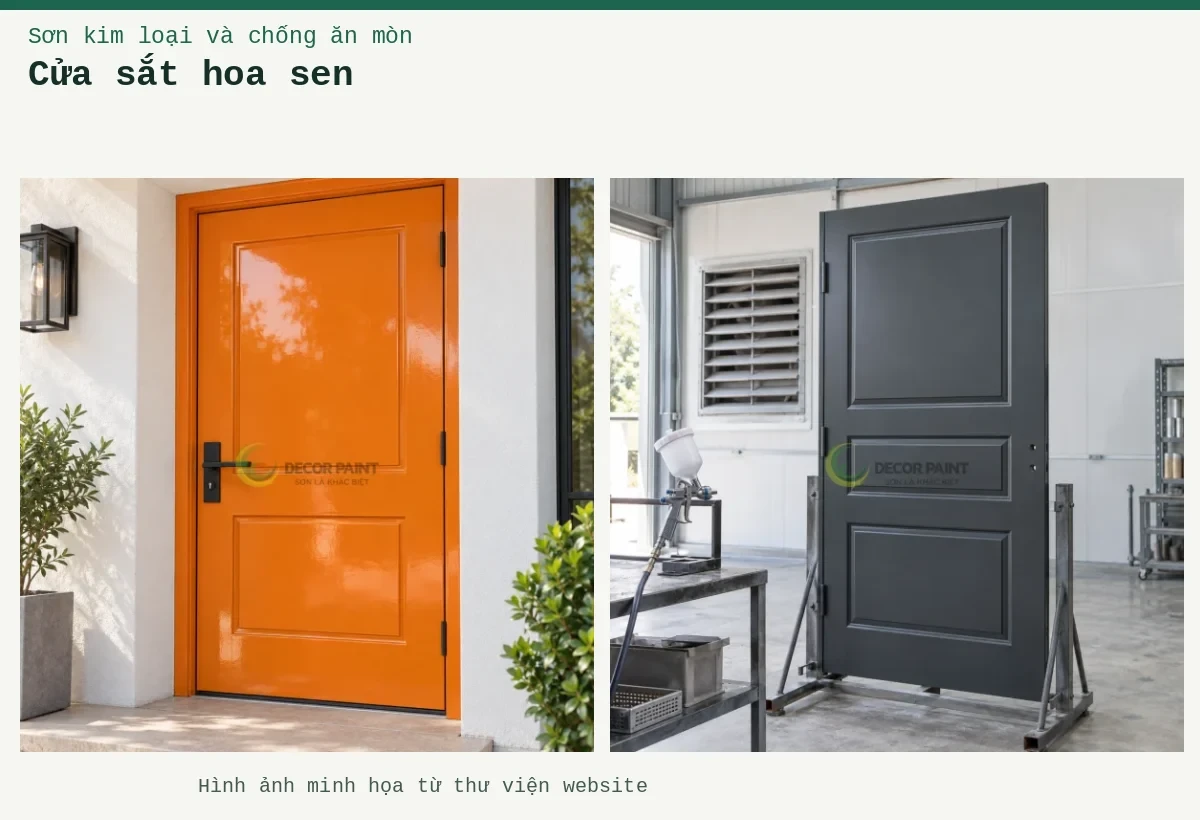 Cửa sắt hoa sen – Ảnh minh họa: Minh họa cửa sắt hoàn thiện màu xám đậm cùng súng phun đặt trên giá; Cửa thép vàng cam RS004.